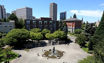 Aerial view of the fountain at Seattle University