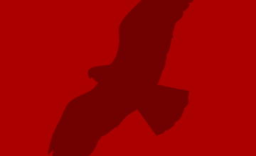 A silhouette of an eagle flying over a red background.