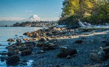Photo of beach with Mount Rainier in background