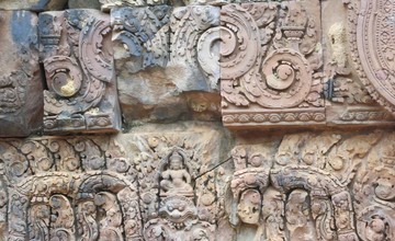 Close up of stonework at Banteay Srei Temple in Cambodia