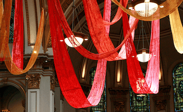 Banners draped in cathedral