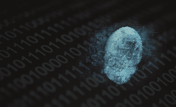 Light blue finger print with ones and zeros on dark background