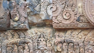 Close up of stonework at Banteay Srei Temple in Cambodia