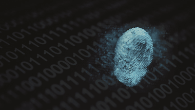 Light blue finger print with ones and zeros on dark background