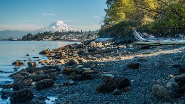 Photo of beach with Mount Rainier in background