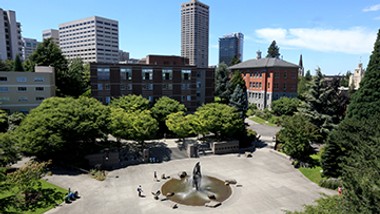 Aerial view of the fountain at Seattle University