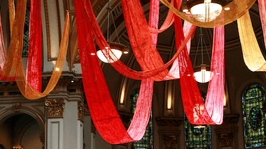 Banners draped in cathedral