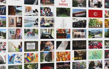 A series of thumbnail images related to different parts of campus