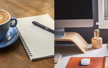 Two adjacent photos - notepad and pen on table on the left, desk with monitor and mouse on desk on the right