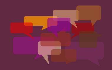 Speech bubbles in different shades with an aubergine background
