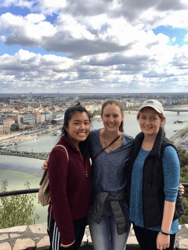Three women overlooking the River Danube in Hungary