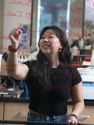 Student writing on glass