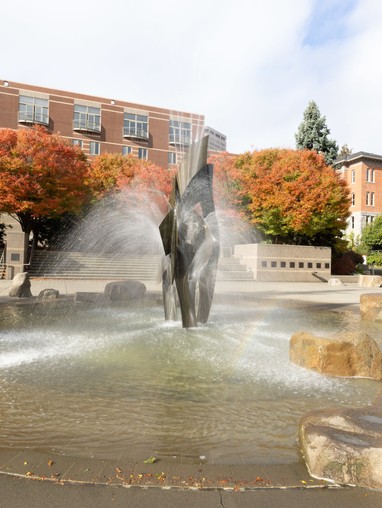 fountain in the quad on a sunny fall day