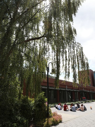 A group of people sitting in the courtyard of a building.