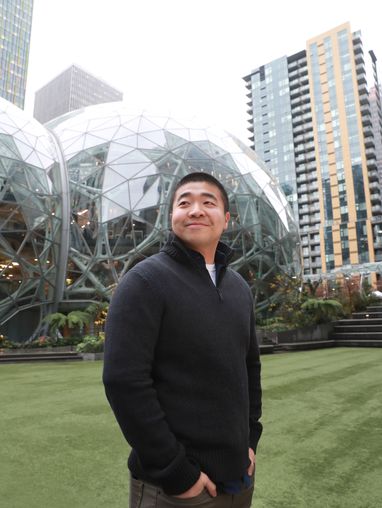 Graduate Computer Science Student in front of Amazon Spheres