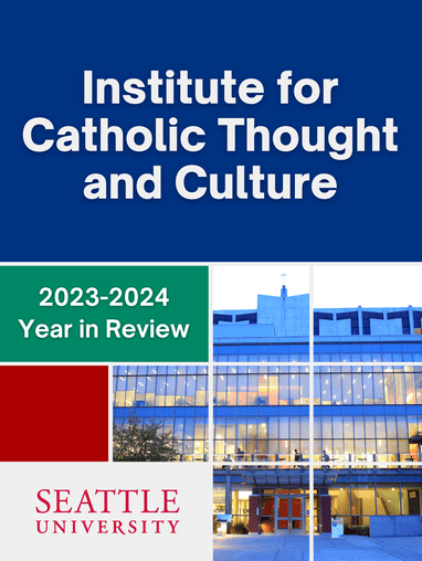 Cover of Year-in-Review Booklet 2023-2024. The image of the front of the SU library is the main object of the cover.