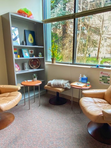 Decorative Image: A counselors office at CAPS, with two leather chairs facing each other. There are decorations on the walls and the sun is shining through large windows.