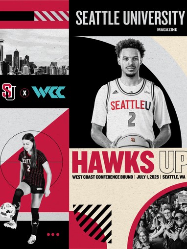 A collage of sports, fans, and Seattle photographs with black, grey and red shapes. Text that reads "Hawks up"