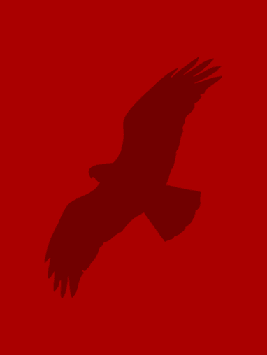 A silhouette of an eagle flying over a red background.