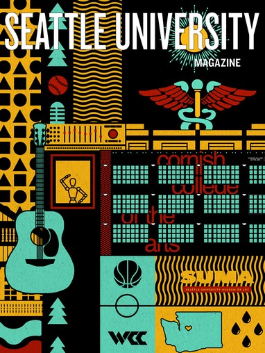 Illustration of Cornish campus building, nursing symbol, Seattle Museum of art, and the WCC logo with a basketball