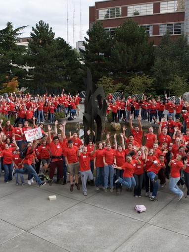 large group of SU students at a Day of Service in 2008