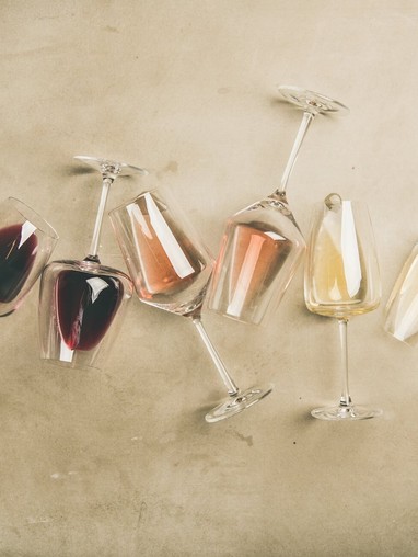 Overhead view of wine glasses on a table