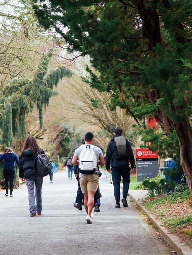 A group of people walking down a path in a park.