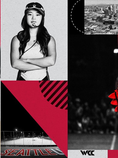 A collage of sports, fans, Rudy, and Seattle photographs with black, grey and red shapess.