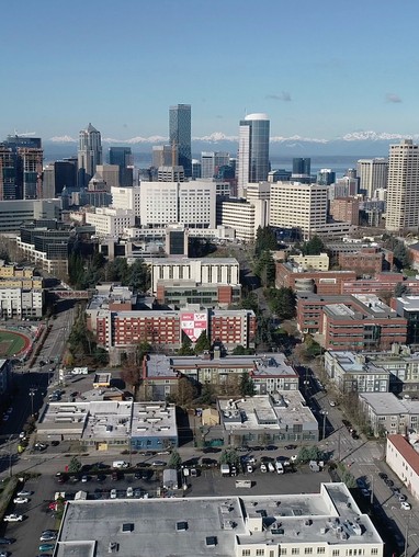 An aerial view of the seattle skyline.