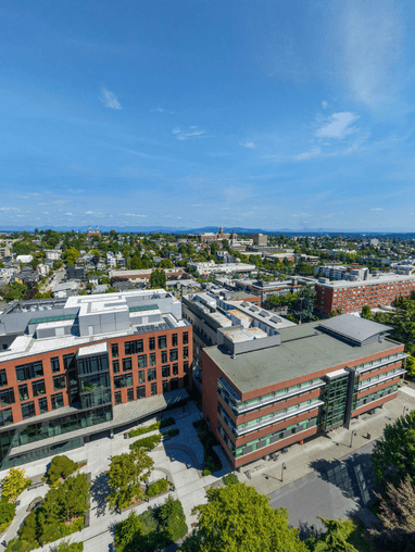 aerial shot of Seattle University campus on a sunny day with blue skies