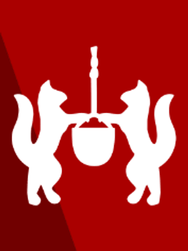 Loyola crest featuring two wolves in white against a red background
