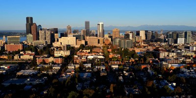 Aerial shot of campus and city