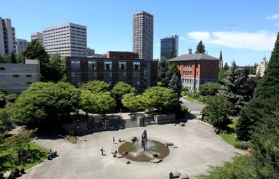 An aerial view of a park with trees and a fountain.