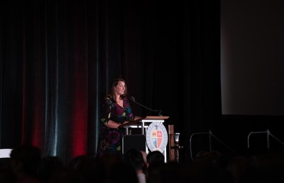 Hilary Hawley, First Year Academic Engagement Director and English Teaching Professor, speaking at New Student Convocation.