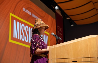 Senior Director for the Indigenous Peoples Institute at Seattle University, Jill La Pointe, speaking at Mission Day.