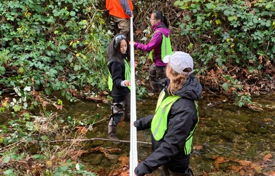 Civil Engineering students using measuring device in watershed