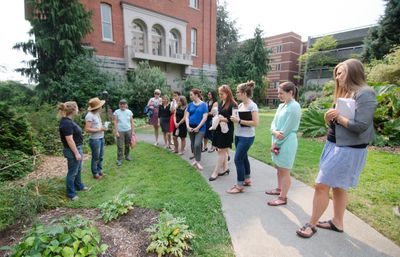 an edible campus tour group outside of the Garrand building