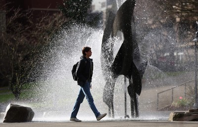 A man walking by a fountain