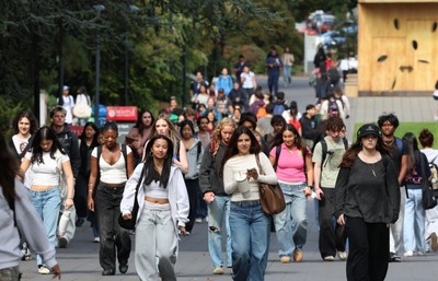 Students walking on campus for first day of classes