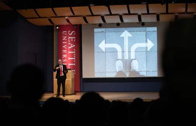 Provost Shane P. Martin, Ph.D., delivers his annual Provost Convocation address to the Seattle U community in Pigott