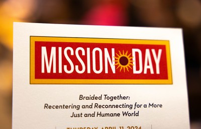Mission Day table tent. Braided together: recentering and reconnecting for a more just and humane world. Thursday, April 11, 2024.