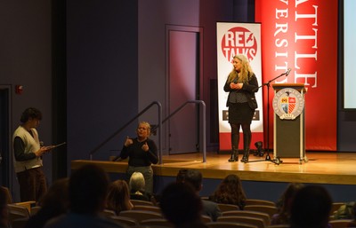 Image of Executive Coordinator, Joseph Dyer and Professor Jacqueline B. Helfgott at Winter 2026 Red Talk