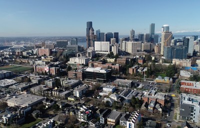 Aerial image of Seattle University and Seattle downtown taken from the east