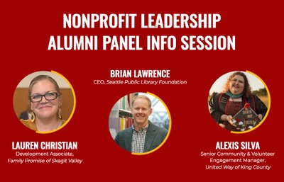 Graphic showing Nonprofit Leadership Alumni panelist three headshots