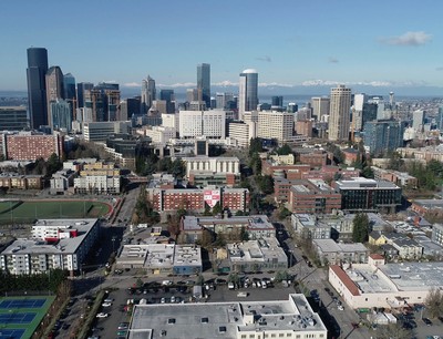 An aerial view of the seattle skyline.