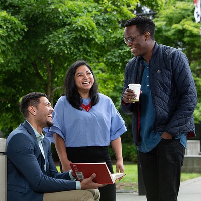 Seattle University law students in conversation outside of Sullivan Hall
