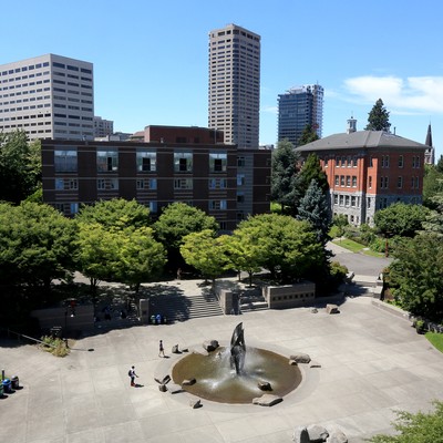 The centennial fountain on a clear day