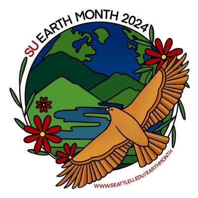 SU Earth Month 2024 logo with illustration of blue and green globe, tan bird, and red flowers