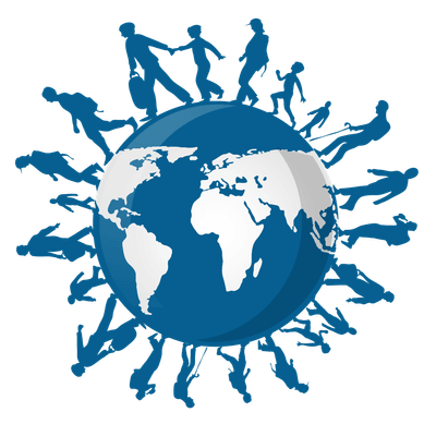World with silhouette of people walking around it