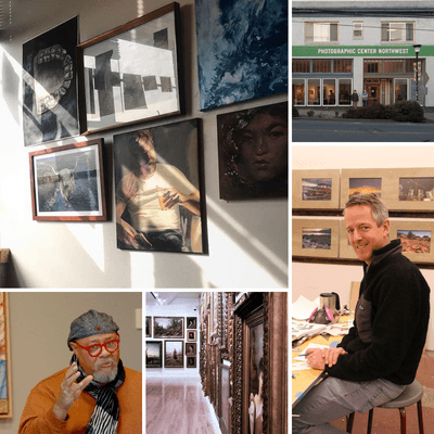 Collage of photos of art spaces and artists